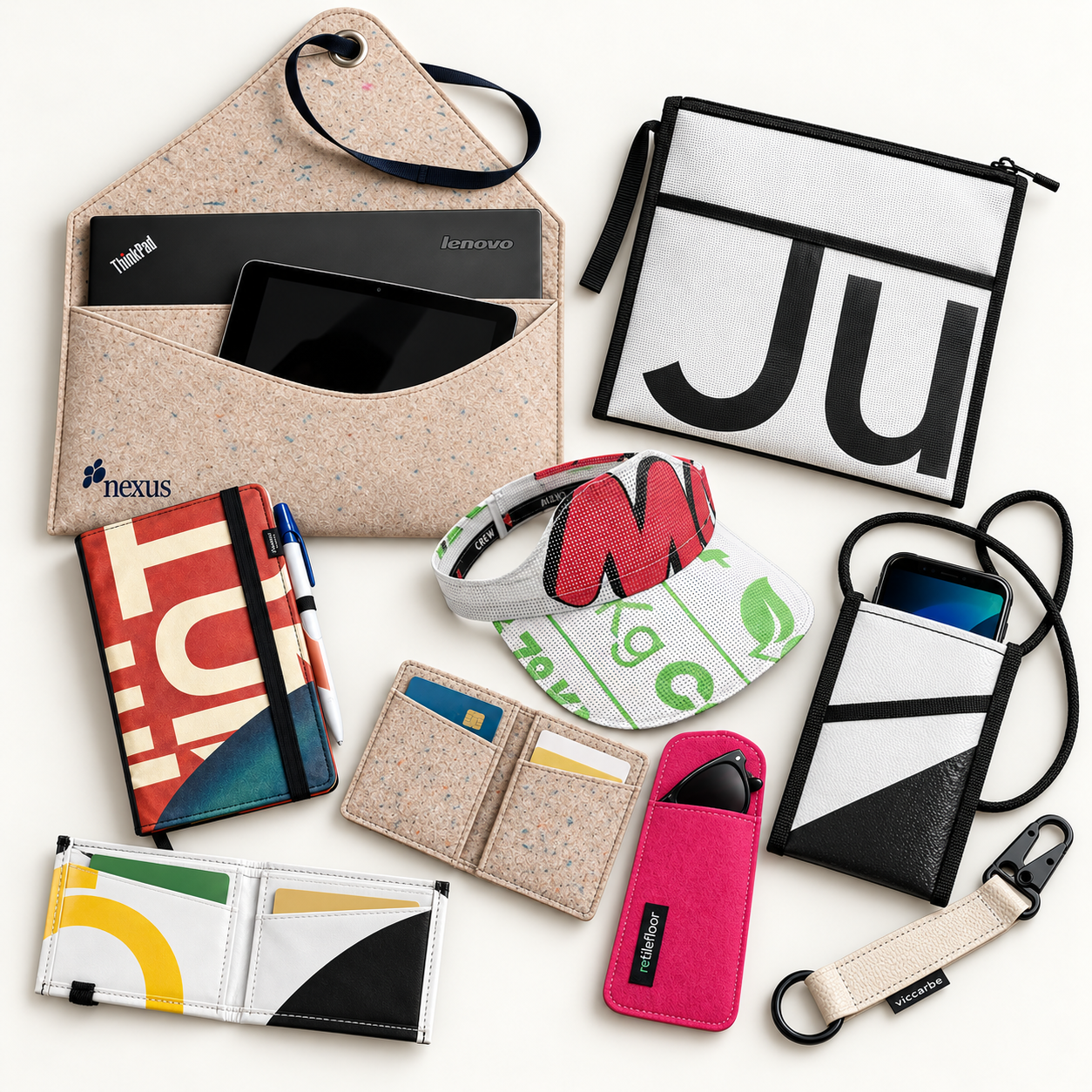 Composición de nueve accesorios elaborados con materiales recuperados