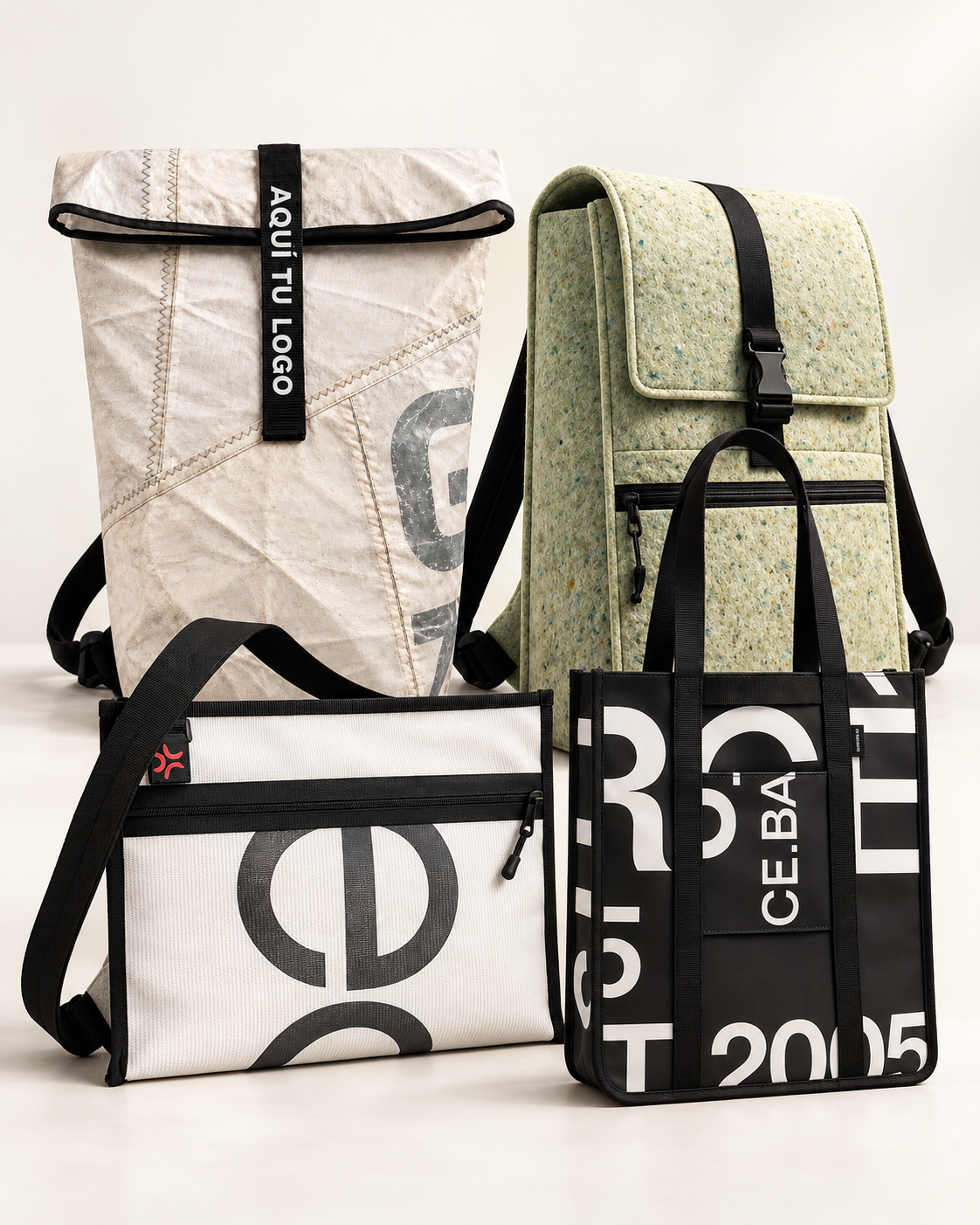 Composición de dos mochilas, un portadocumentos y una bolsa elaborados con materiales recuperados